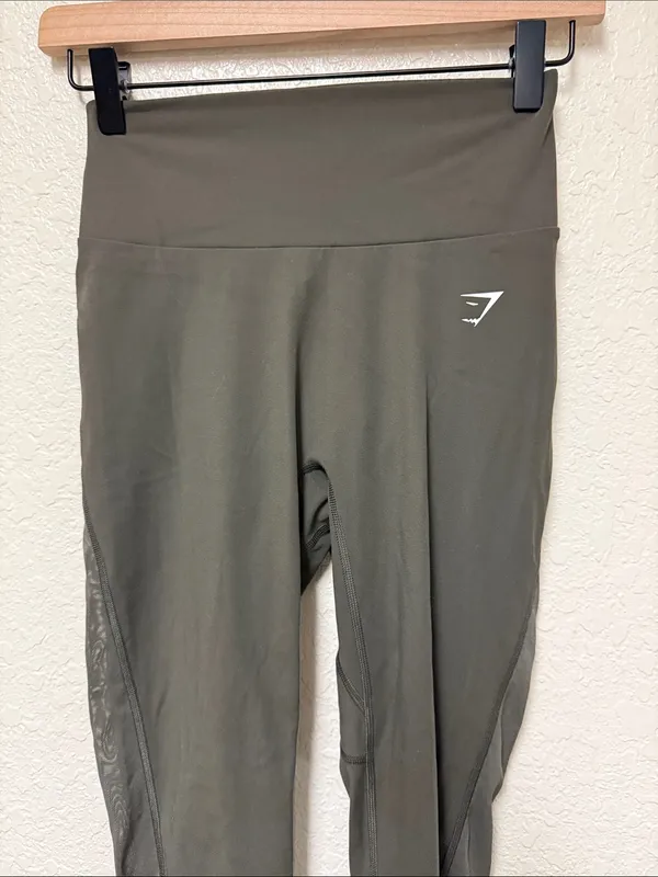 GYMSHARK Olive Green Mesh Placement High-Rise Performance Leggings - Image 3