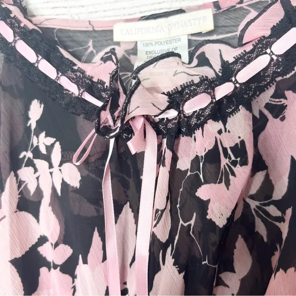 Vintage California Dynasty Sheer Black & Pink Floral Chemise Lingerie Size Large - Image 3