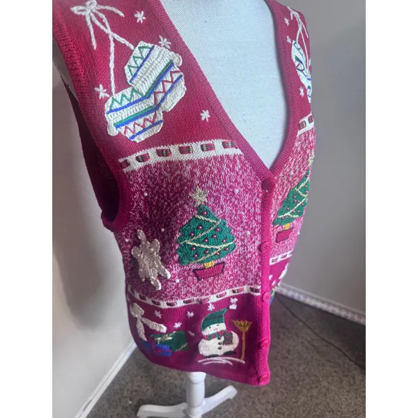 Bobbie Brooks Red Christmas Sweater Vest Snowman Tree Embroidered Vintage 90s M - Image 2