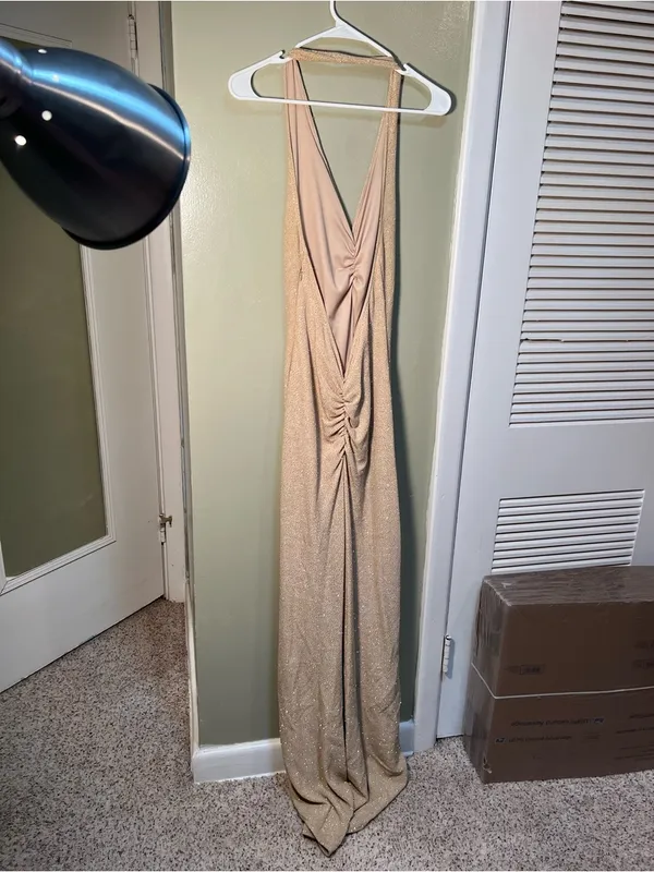 Vintage Bari Jay Women's Maxi Dress Halter V-Neck Cinched Beige‎ Gold Glitter - Image 6