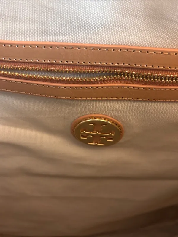 Tory Burch Ella Canvas Bird Tote Cream Navy Leather Trim Large Shoulder Bag - Image 4