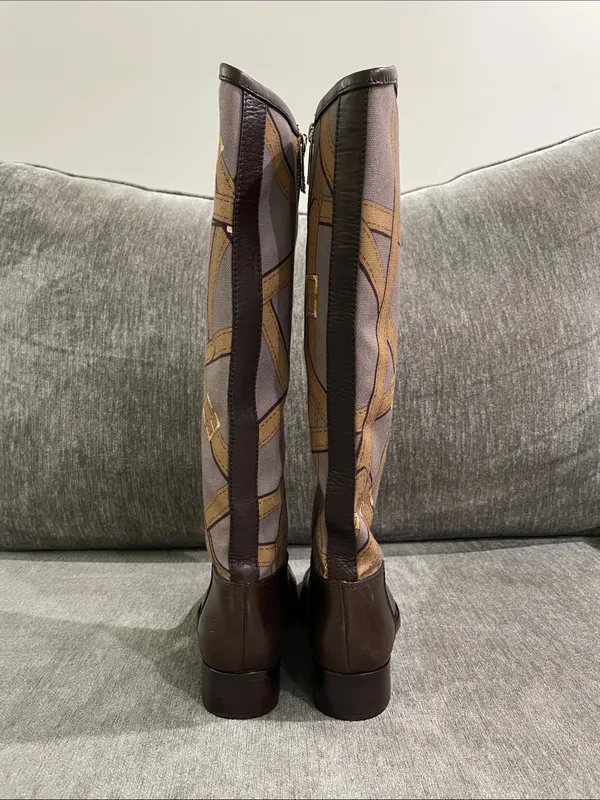 Tory Burch FELIX Riding Boots Brown Leather Equestrian Print Fabric Zip Size 5 - Image 7