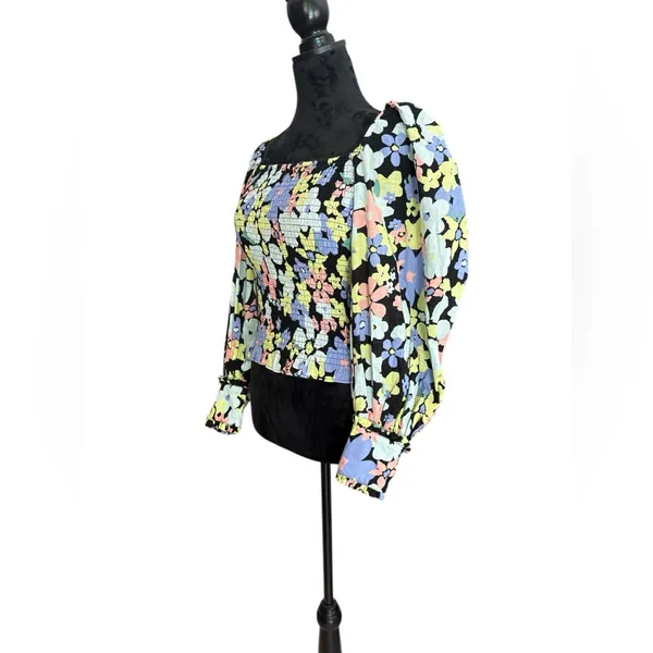 Free People Smocked Floral Puff Sleeve Top‎ XS – Square Neck Black Multicolor - Image 10