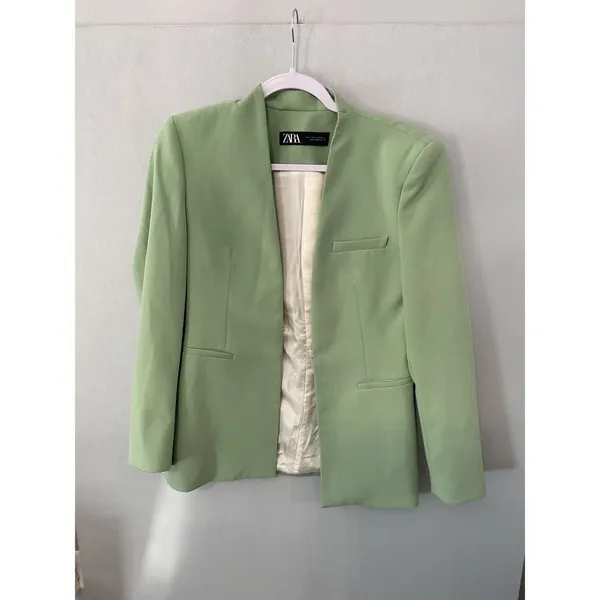 Zara Light Green Collarless Open Front Blazer Jacket Tailored S - Image 4