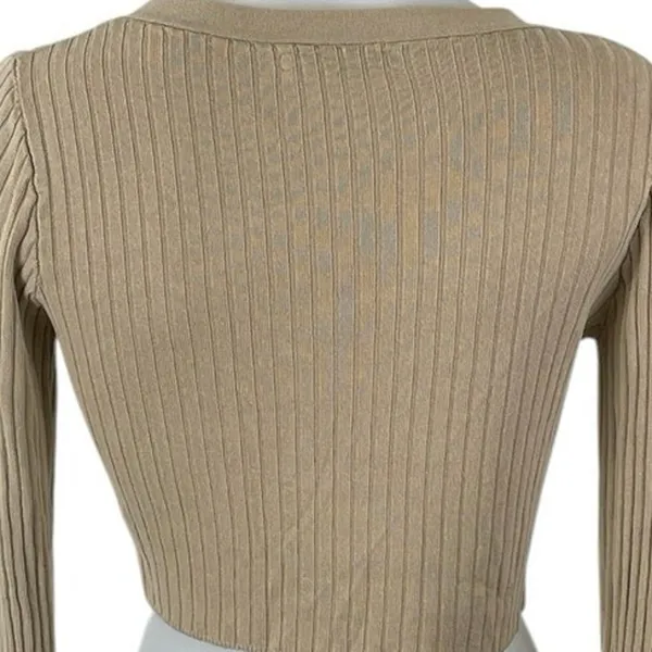 Oak + Fort Tan Ribbed Knit V Neck Long Sleeve Crop Button Up Cardigan Sweater XS - Image 4