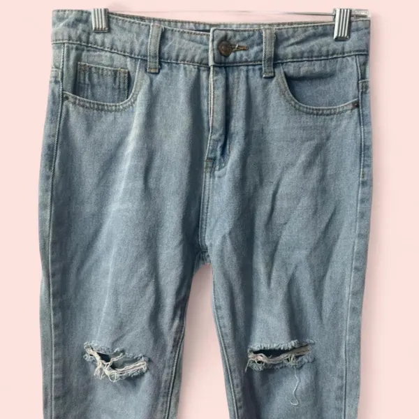 Womens Shadow Jeans Y2K Embroidered Rose Distressed Crop Jeans Light Wash Size L - Image 3