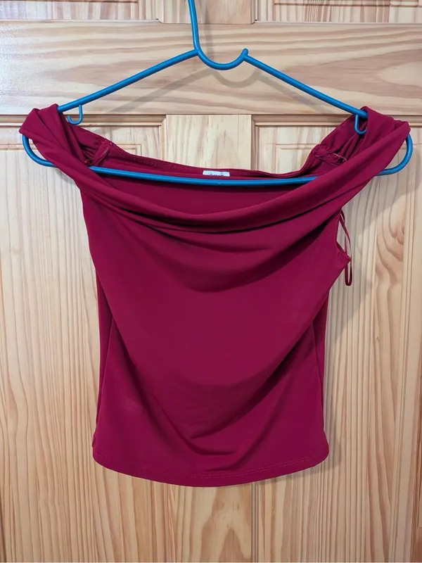 Garage Off-Shoulder Top in Burgundy Red - Image 3