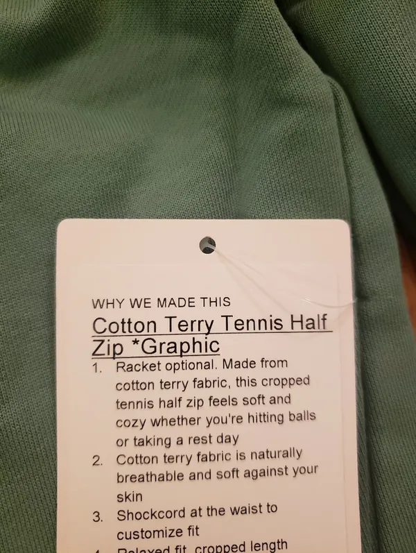 Lululemon Green Cotton Terry Tennis Half Zip Deuce Size L New - Image 5