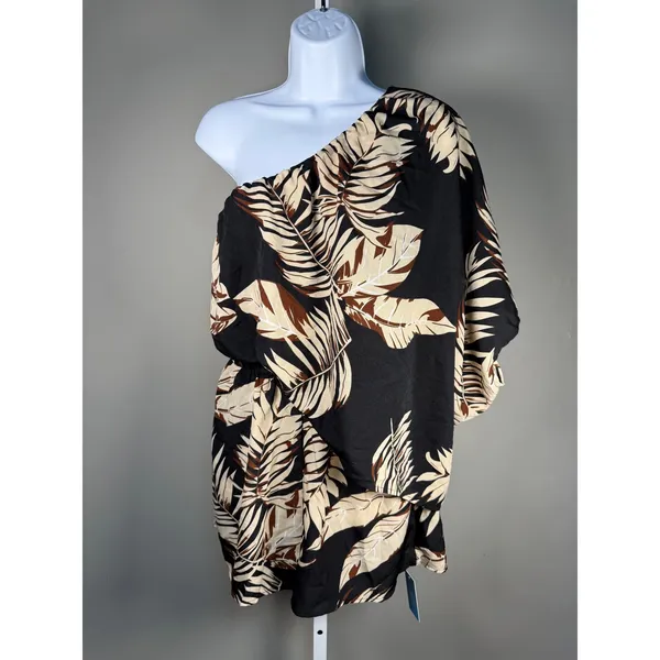 CUPSHE One Shoulder Tropical Palm Print Romper Black Resort Vacation NWT Large‎ - Image 2
