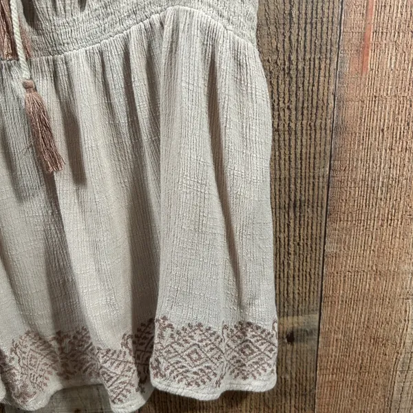 ODDI Boho Peasant Blouse Large Cream Embroidered Tassel Tie Cottagecore Top - Image 3