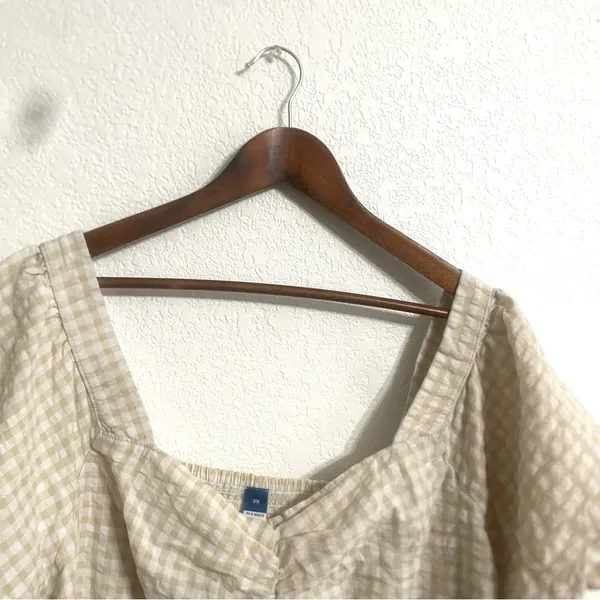 Old Navy Womens Shirt Blouse Cream White Gingham Plaid Puff Sleeve Plus Size 2X - Image 3