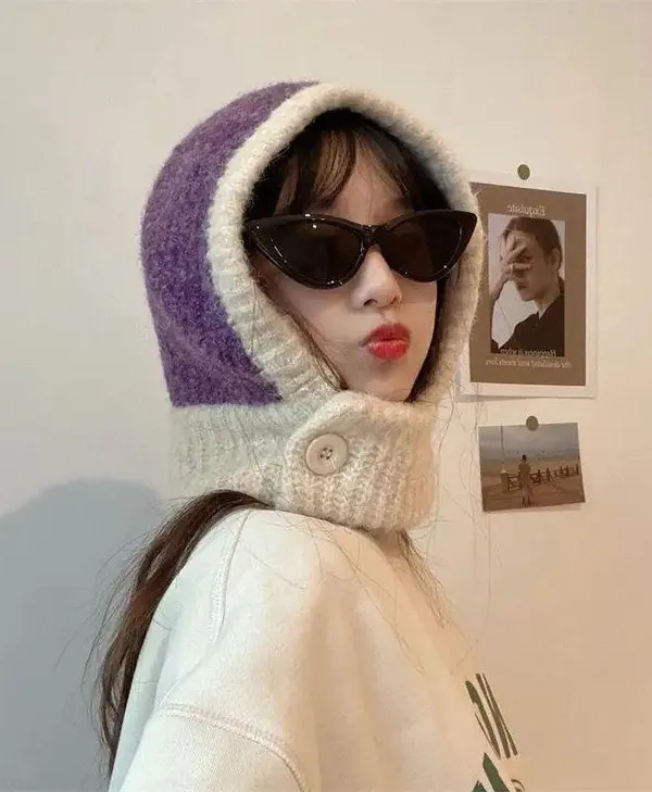 NWOT Purple Beige Button Balaclava Winter Knit Hoodie Hood Hat - Image 2