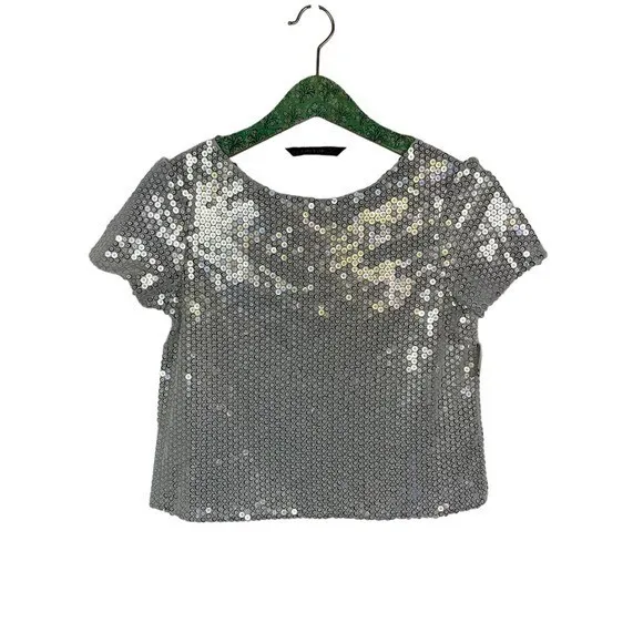 Zara‎ Basic Silver Sequin Crop Top Party Sparkly Glam Festival XS - Image 2
