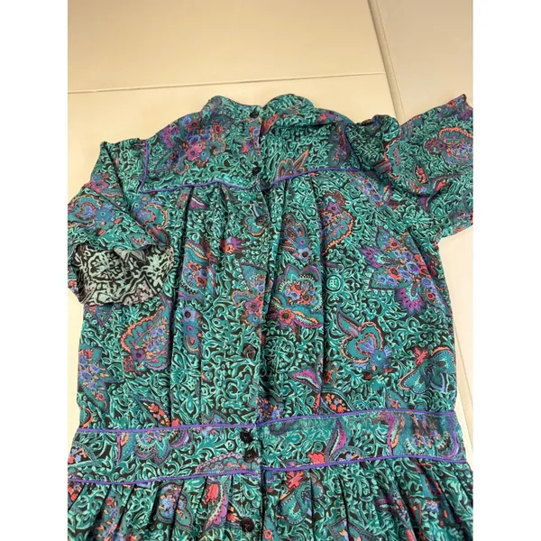 Vintage Phool Paisley Midi‎ Dress Teal Purple Mock Neck Short Sleeve India M - Image 11