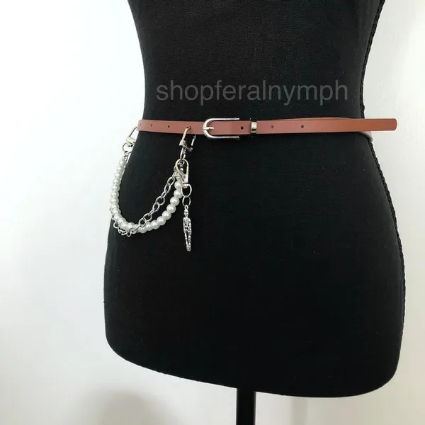 Vintage Y2K Whimsygoth Skeleton Pearl Chain Belt, Fits 33–36 Inches, X7GA1193 - Image 3