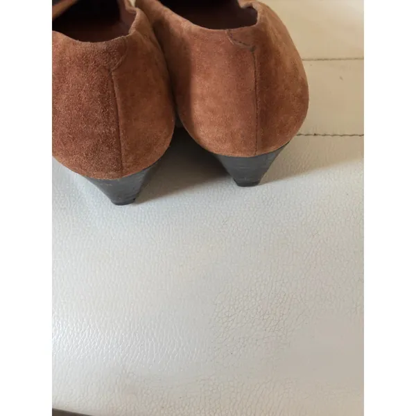 Simard & Voyer Brown Suede Black Cap Toe Low Block Heel Pumps Womens 7 B - Image 3