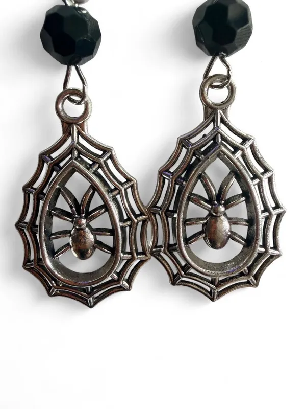 Handmade Silver Spiderweb Spider Black Bead Earrings - Image 2