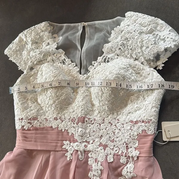 Women’s Ivory Lace Top Pink Chiffon V-Neck Cap Sleeves Formal Dress Size 10 NEW - Image 8