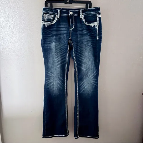 Grace in LA Bootcut Jeans Size 31 Dark Wash Embroidered Bling Western Y2K Boho - Image 3