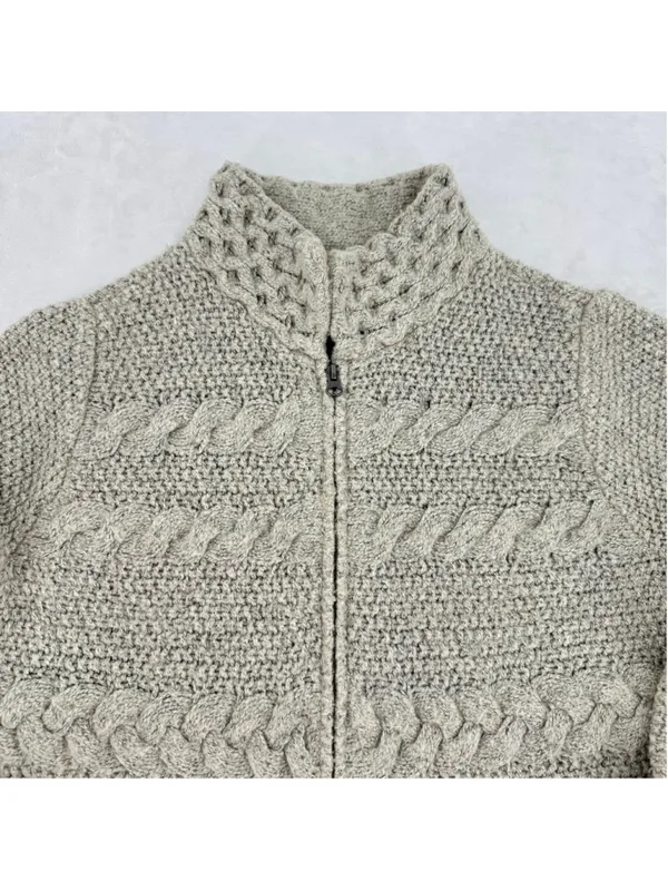 J Jill Tan Cable Knit Cardigan Sweater Zip Front Cottagecore Fisherman Sz Medium - Image 3