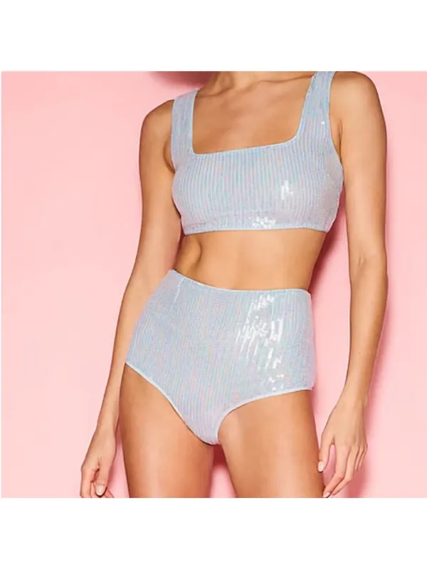 Victorias Secret Iridescent Sequin 2 Piece Set Lingerie Crop Top Panty Blue NEW - Image 2