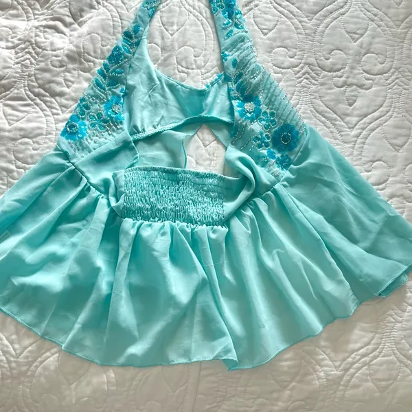 Aqua Y2K Halter Top with Beaded Details - Image 2