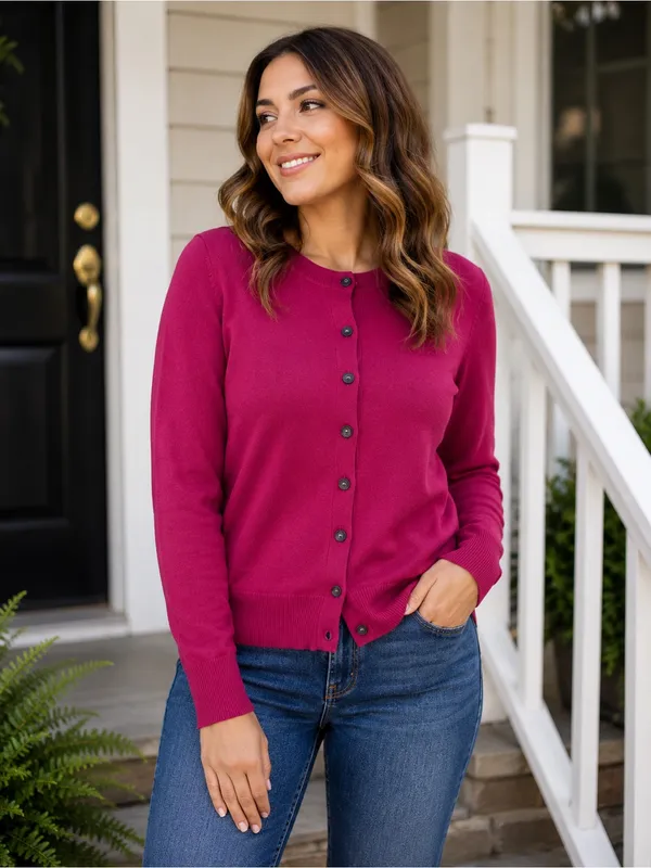 Banana Republic Merino Wool Blend Cranberry Crew Neck Button Cardigan Size Small - Image 9