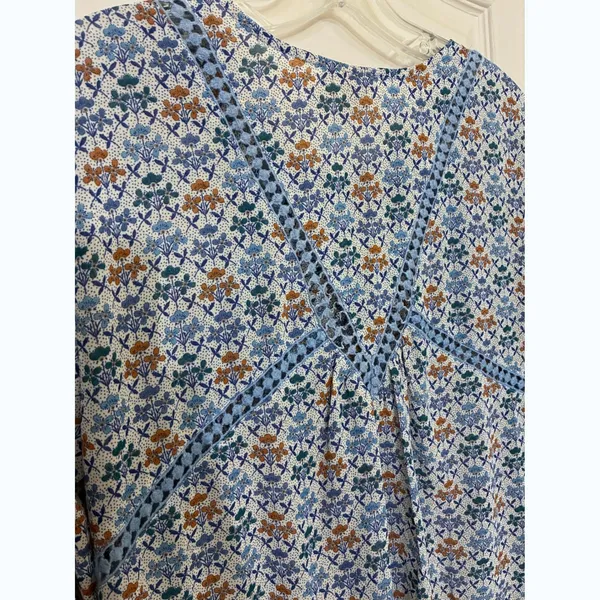 Holding Horses Anthropologie Blue Floral Babydoll‎ Mini Dress Crochet Trim - 10 - Image 10