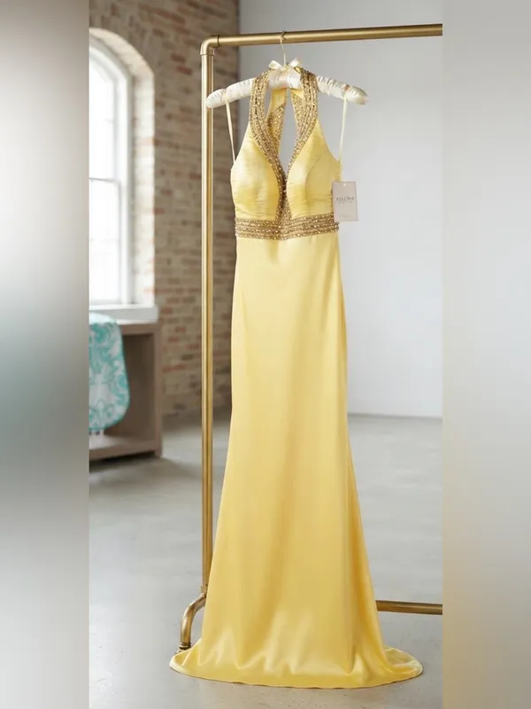 Yellow Halter Prom Gown with Beaded Waist - Image 3