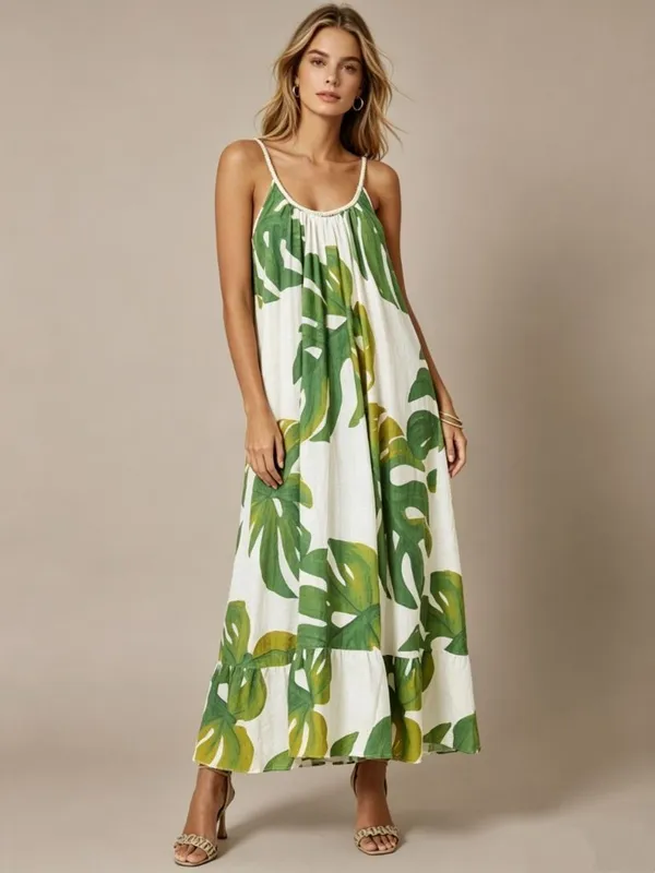 NWOT Farm Rio Linen Blend Green Leaf Print Sleeveless Maxi Dress Size S - Image 2