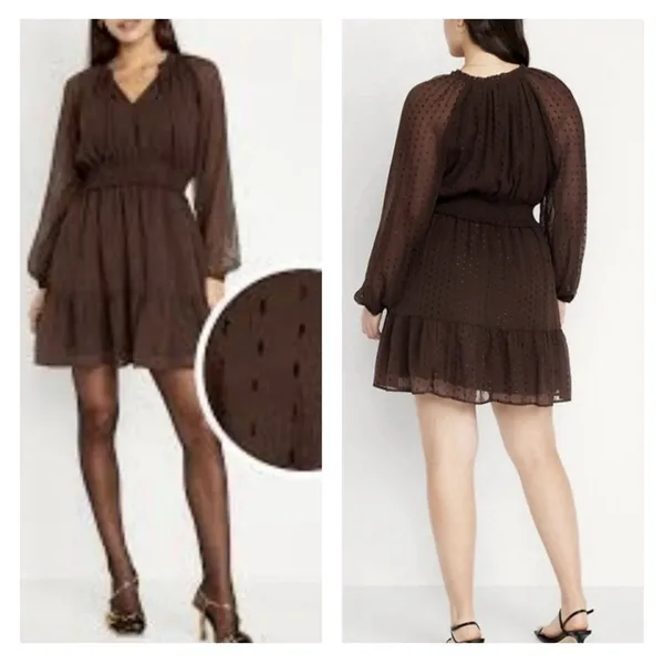 Old Navy Brown Metallic Dot Mini Dress XL Smocked Waist Chiffon Fit Flare 812952 - Image 3