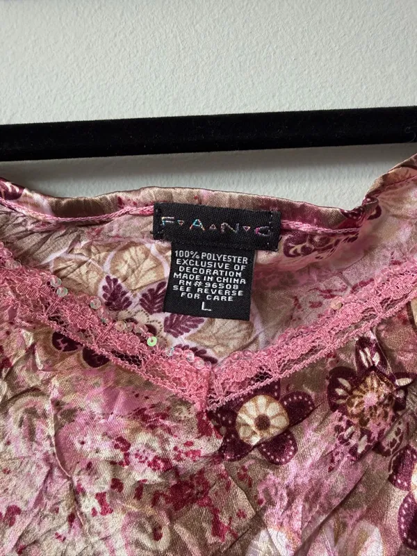 Vintage Y2K FANG Satin Floral Slip Spaghetti Strap Tank Top in Pink Brown Size L - Image 5