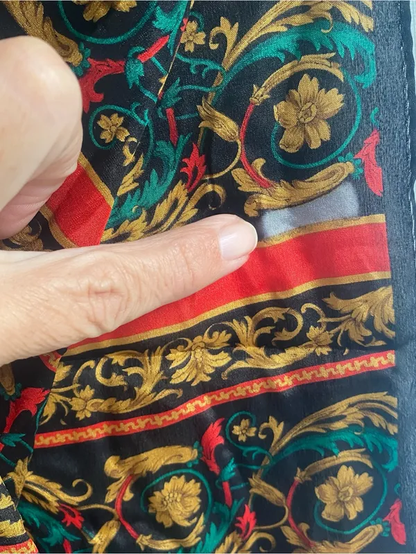 Vintage 80s Elaine Gold Silk neck scarf baroque pattern red gold green print - Image 5