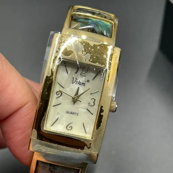 Vivani Abalone Watch Women 22mm Silver Tone MOP Dial Cuff Untested Original Box - Image 7