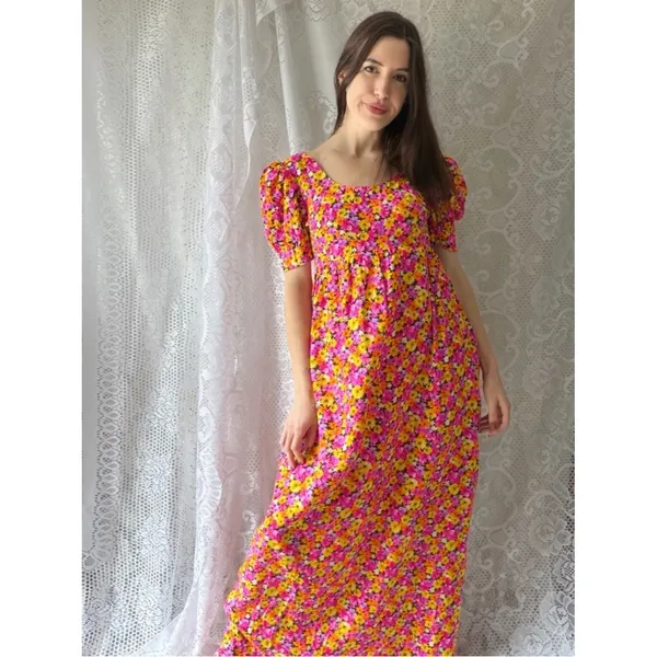Vintage 70s Handmade Floral Puff Sleeve Maxi Dress Empire Waist Cottagecore - Image 3