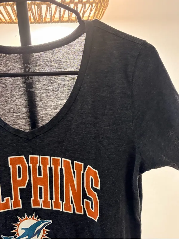 NFL Women's Black V-Neck Miami Dolphins Tee with Orange Lettering - Image 3