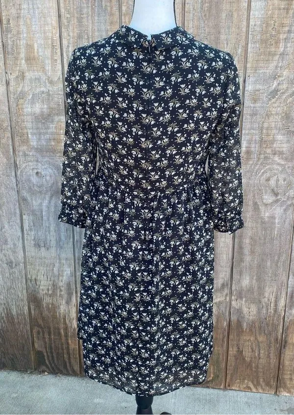 Uniqlo Baby Doll 3/4 Sleeve Dress Black Ditsy Floral Peter Pan Collar Size M - Image 3