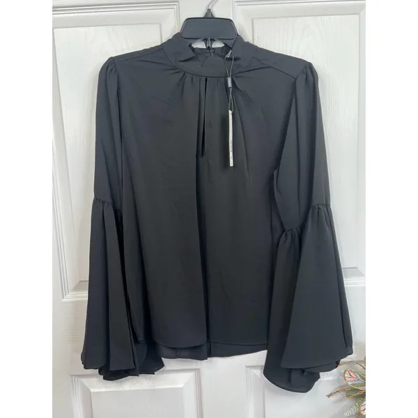 T Tahari Blouse Womens Size M Black Mock Neck Keyhole Large Bell Sleeve Chic - Image 2