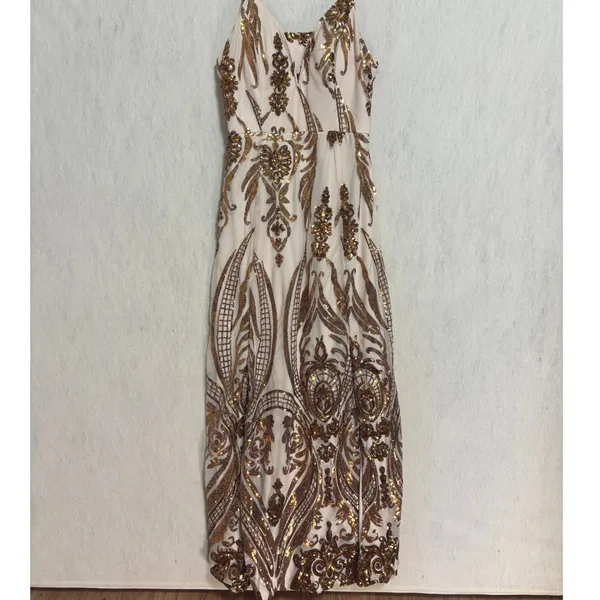 Windsor Sequin Maxi Dress Gold Bronze Damask Formal Prom Gown Art Deco Glam L - Image 10