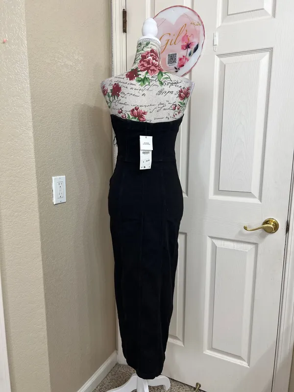 Zara Black Denim Strapless Button-Front Midi Dress with Slit - Image 4