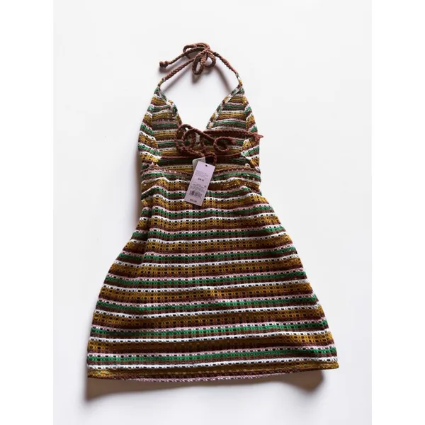 Wild Fable Crochet Halter Mini Dress Striped Boho Festival Yellow Multi‎ S NWT - Image 2