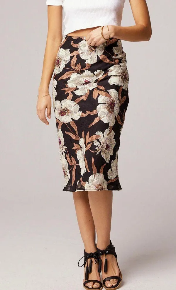 Band of Gypsies Collective Floral Print Midi Slip Skirt Rho Black Cream Size Large - Image 2