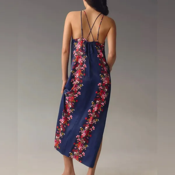 By Anthropologie $148 Double Strap‎ Blue Halter Column Midi Blue Floral Dress - Image 2