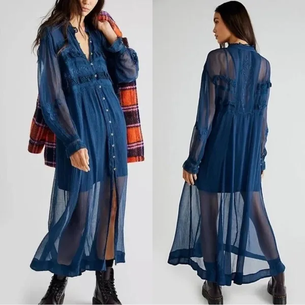 NWT Free People Amelia Lace Maxi Dress Teal Blue Small - Image 2