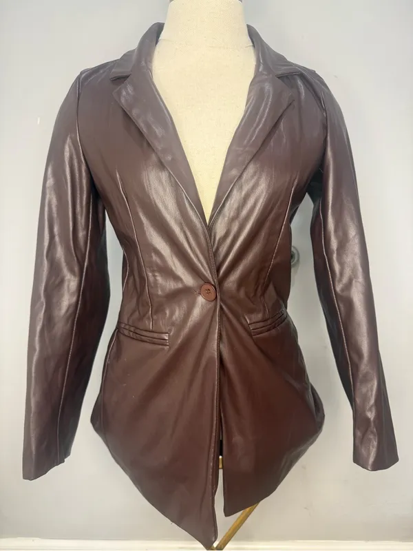 Princess Polly Chocolate Brown Faux Leather Blazer - Image 5
