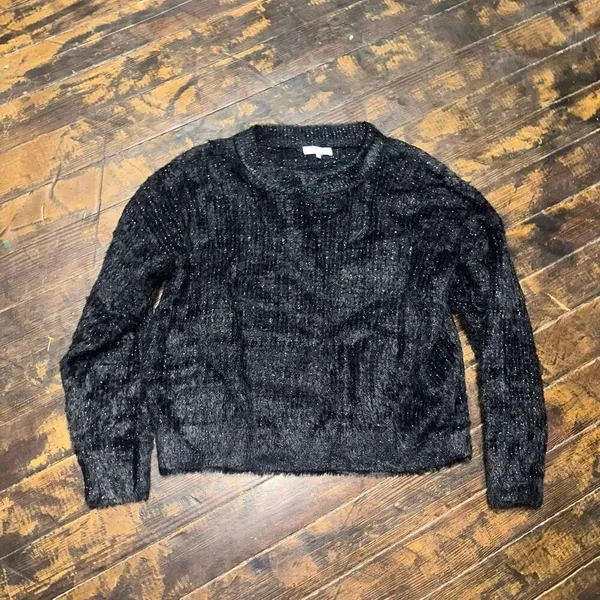 Frnch eyelash sparkly fuzzy cozy shimmer black crop sweater - Image 2