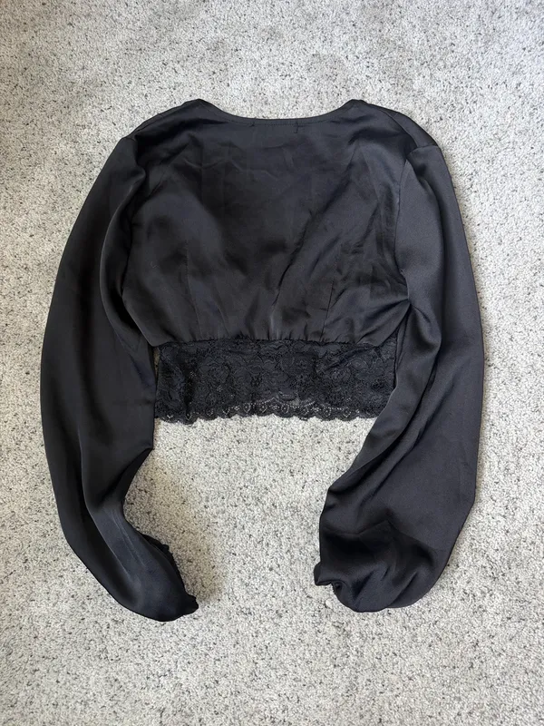SheIn Black Satin Lace-Trim Button Crop Top - Image 2