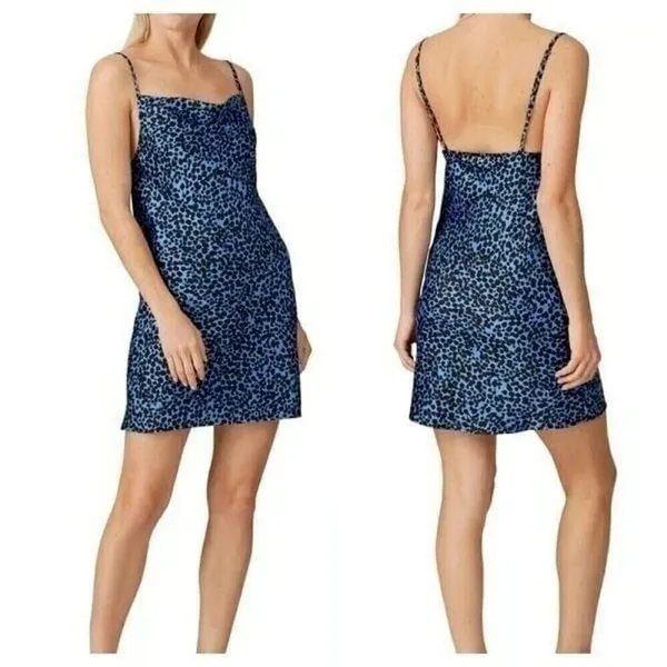 Flynn Skye Lynn Small Satin Slip Dress Blue Leopard Print‎ Cowl Neck Mini Dress - Image 2