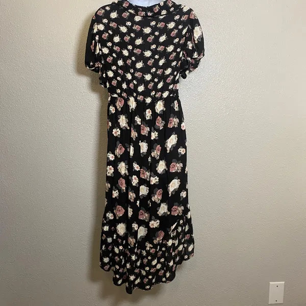 Black Babydoll Midi Dress Large Dark Feminine Romantic Casual Summer Cottagecore - Image 2