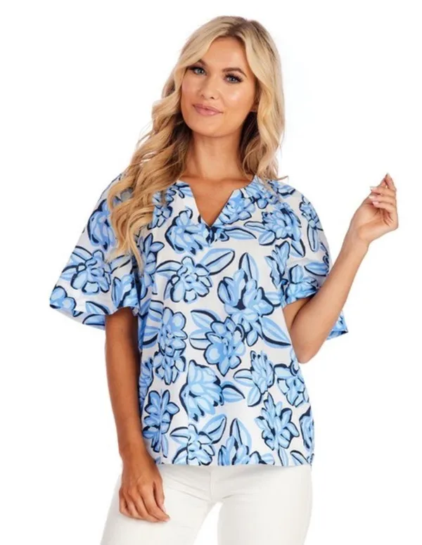 NWT Mud Pie Anderson Top Cotton Boxy Blouse Blue White Floral Size Small - Image 2
